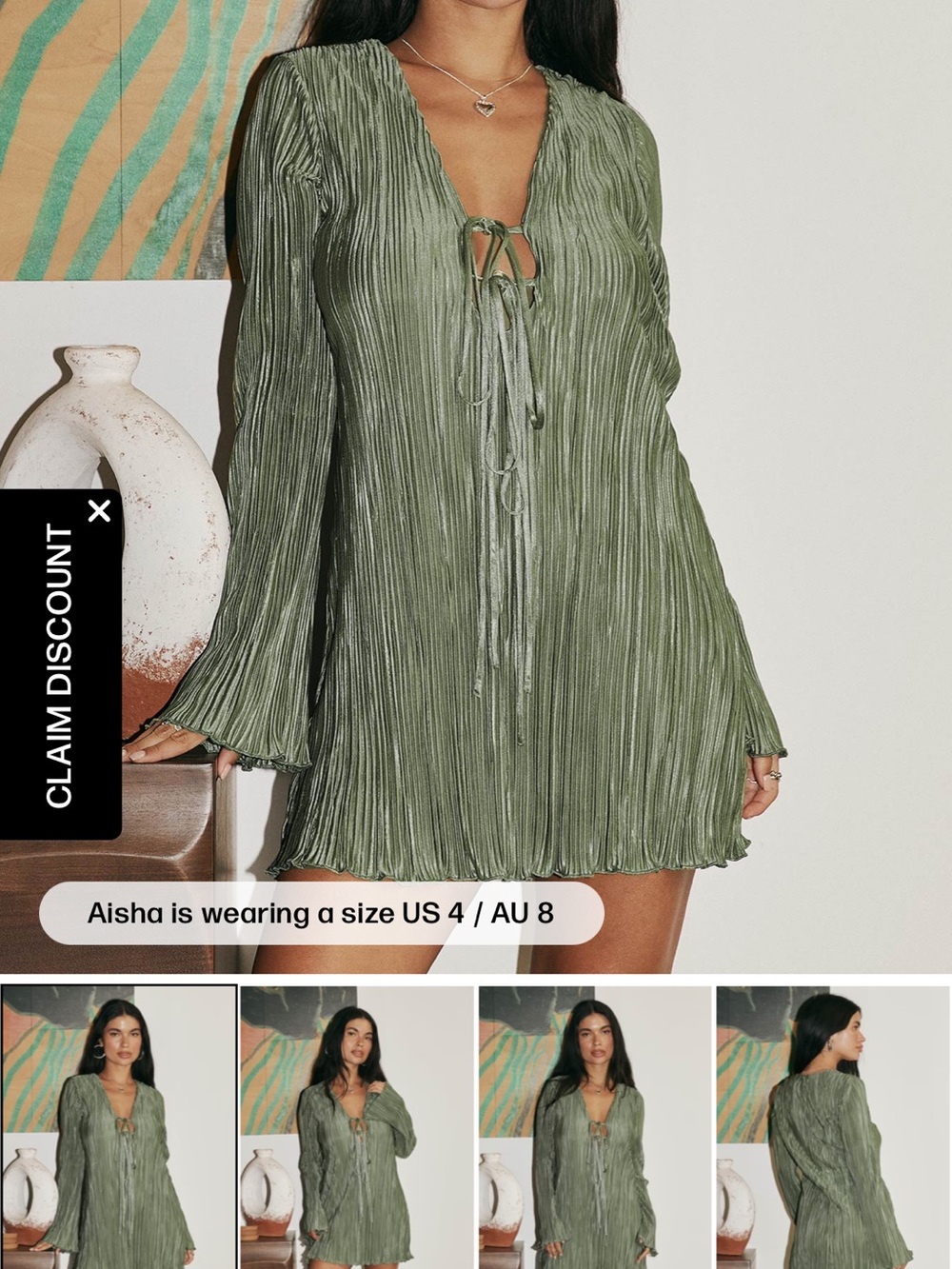 Princess Polly Olive Green Pleated Tie-Front Mini Dress